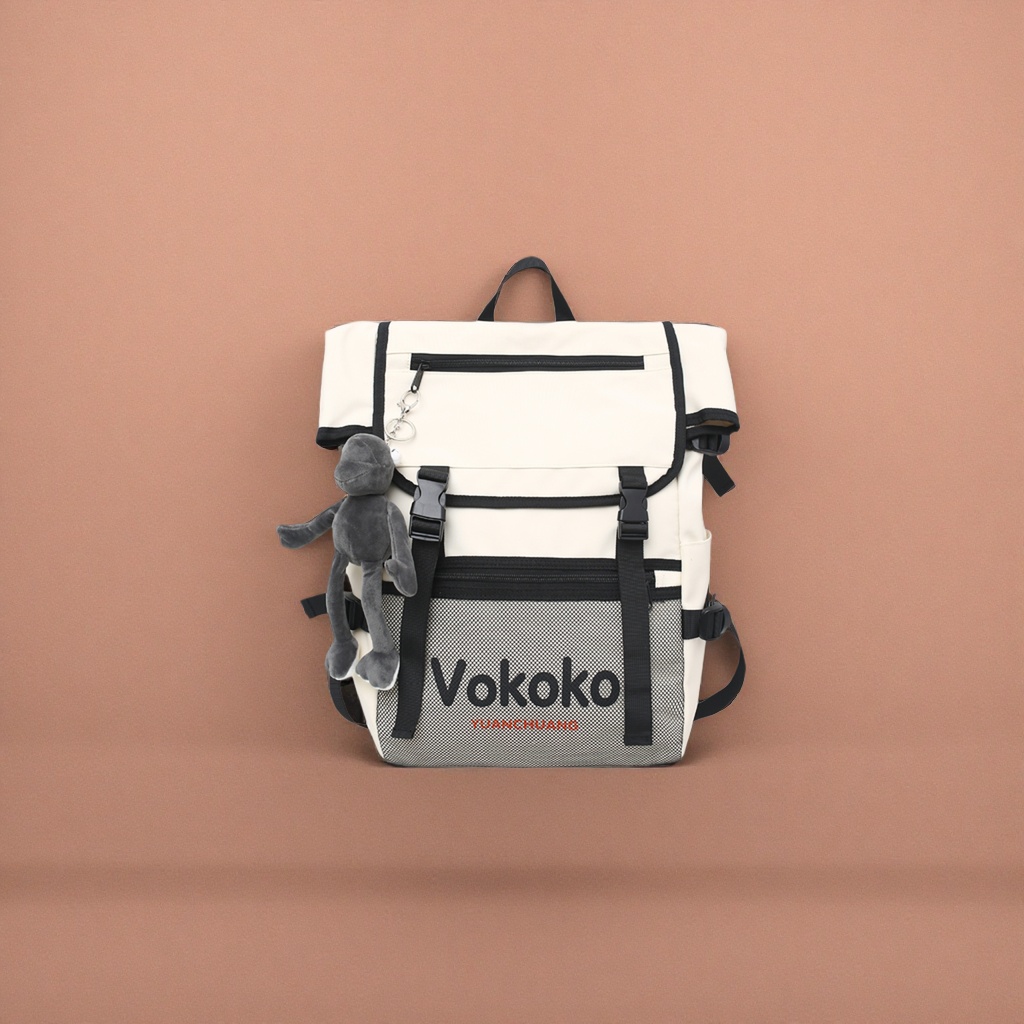 The front of the off-white backpack features a mesh bag printed with "Vokoko YUANCHUANG", and it comes with a black zipper and a gray plush keychain hanging on the left Specification image