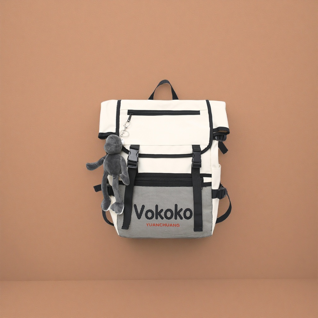 The front of the off-white backpack features a mesh bag printed with "Vokoko YUANCHUANG", and it comes with a black zipper and a gray plush keychain hanging on the left Application Scenario