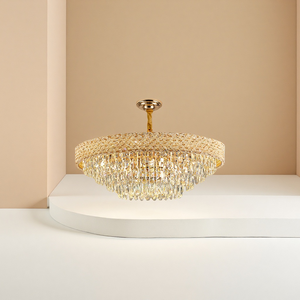 The golden crystal chandelier with an all-copper frame and anti-glare features a light luxury style as the main light for the living room