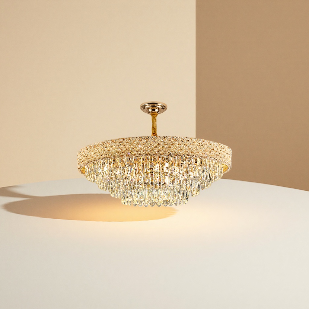 The golden crystal chandelier with an all-copper frame and anti-glare features a light luxury style as the main light for the living room details Picture