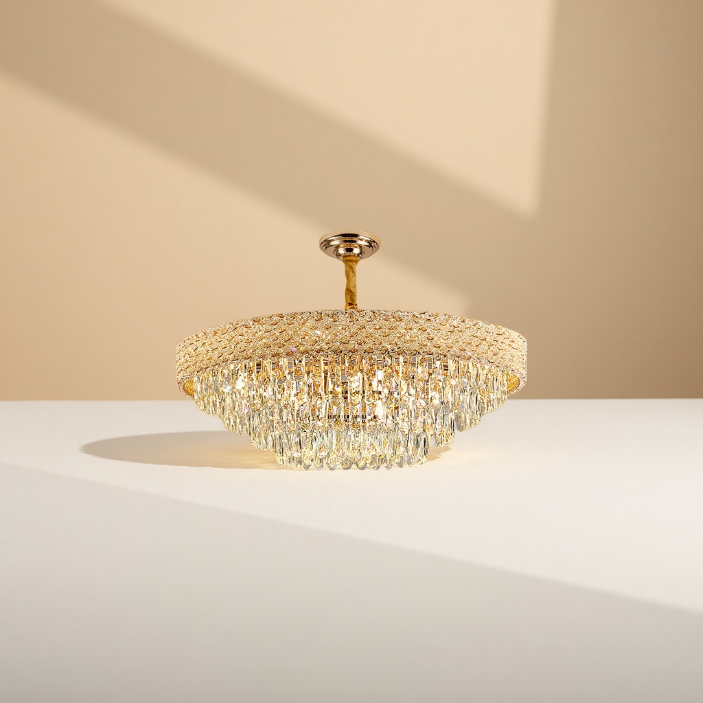 The golden crystal chandelier with an all-copper frame and anti-glare features a light luxury style as the main light for the living room Application Scenario