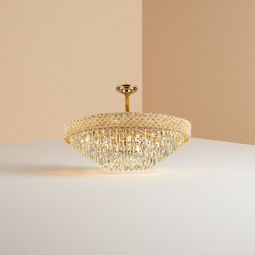 The golden crystal chandelier with an all-copper frame and anti-glare features a light luxury style as the main light for the living room Specification image