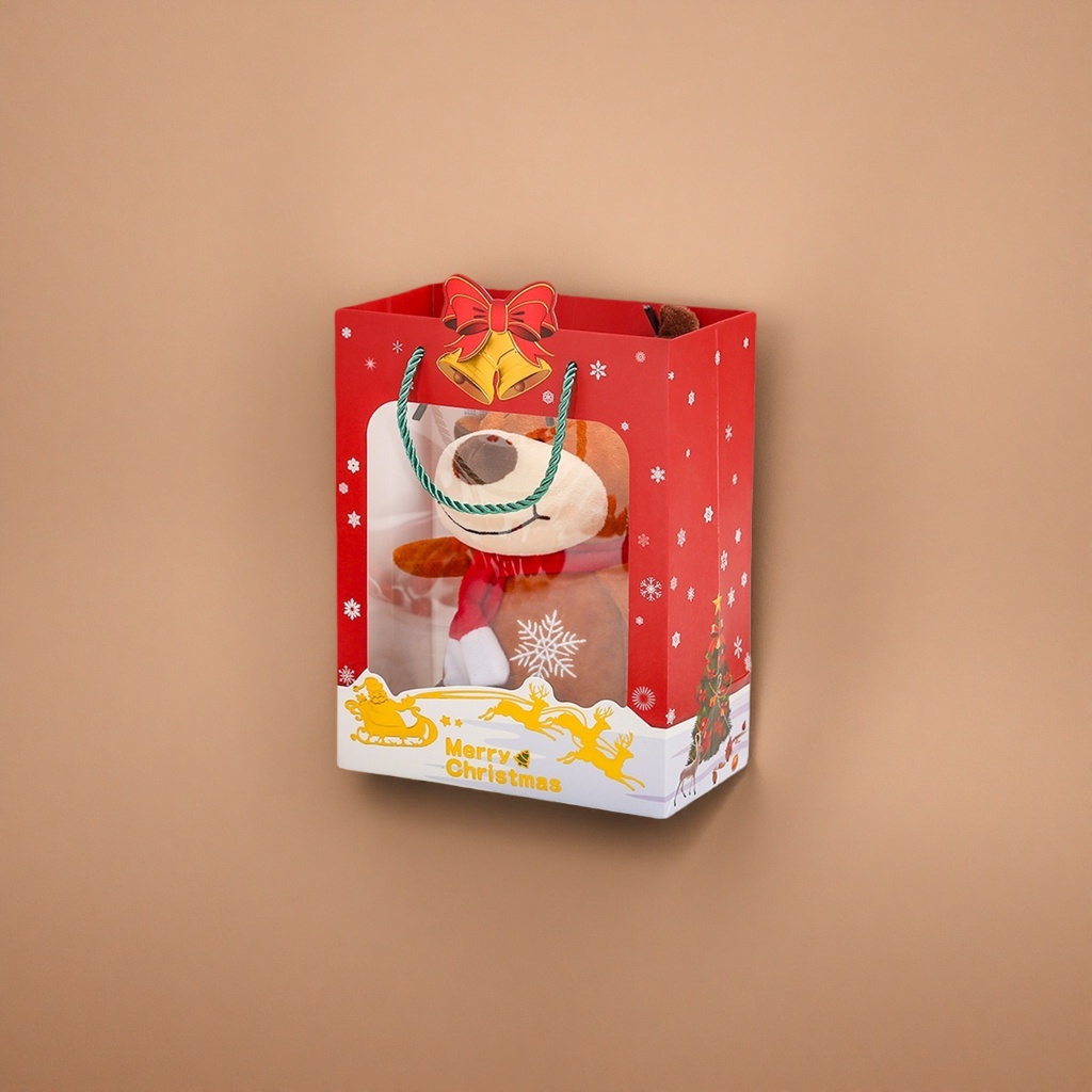 Red Christmas gift bag with plush reindeer doll festive decoration gift set Application Scenario