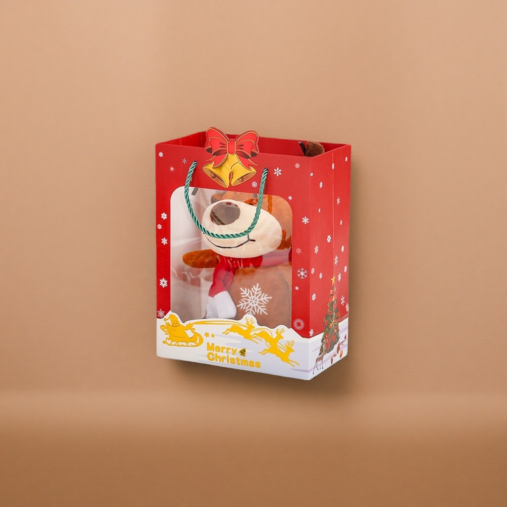 Red Christmas gift bag with plush reindeer doll festive decoration gift set details Picture