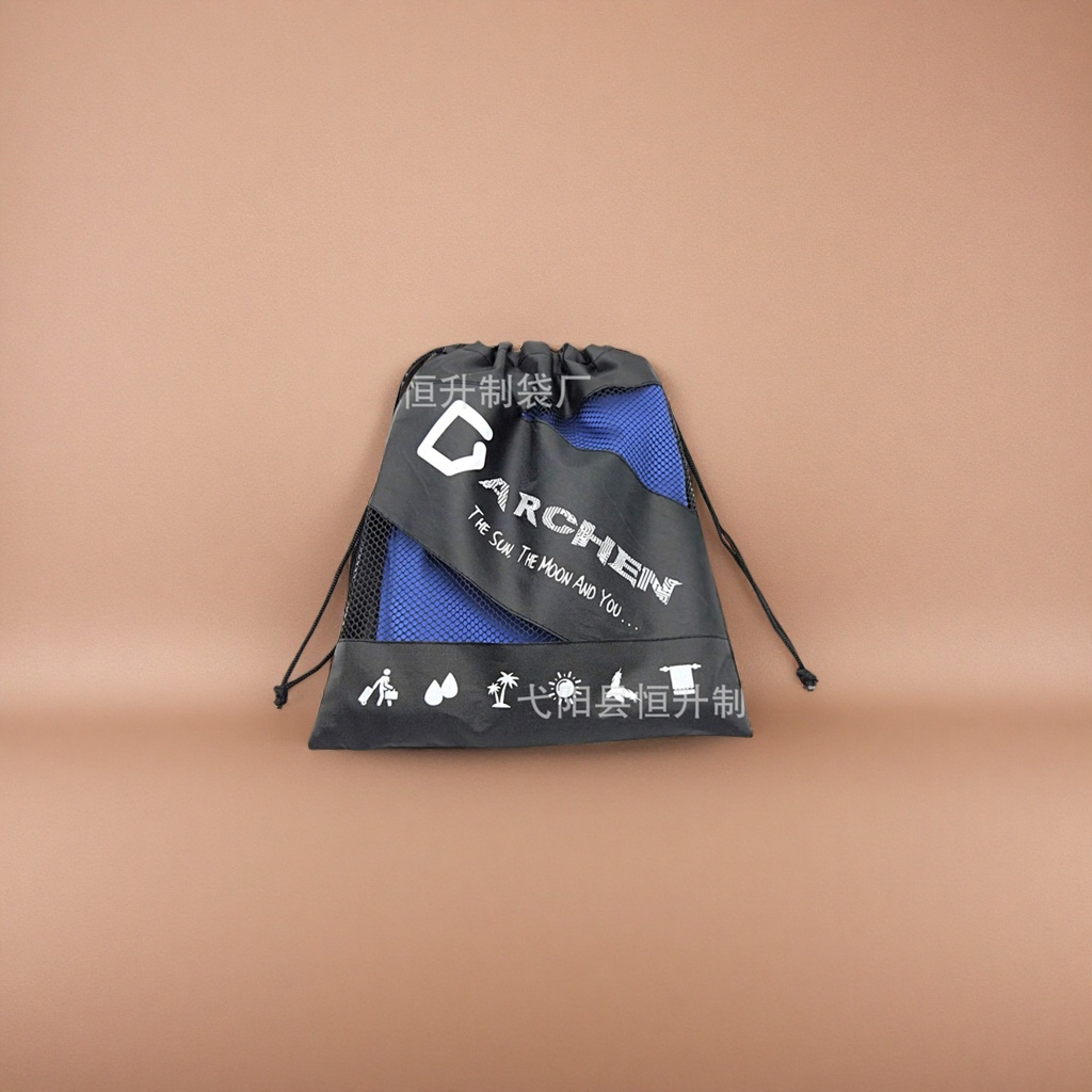 Black drawstring bag, blue mesh spliced and white printed pattern fashionable sports storage bag Application Scenario