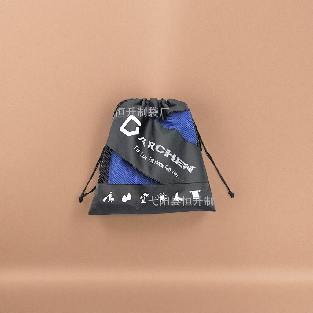 Black drawstring bag, blue mesh spliced and white printed pattern fashionable sports storage bag