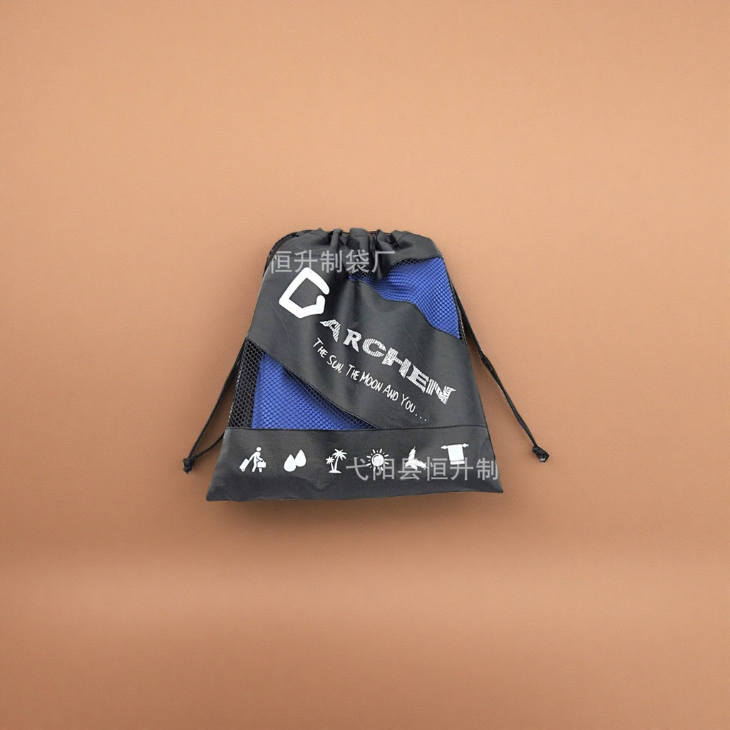 Black drawstring bag, blue mesh spliced and white printed pattern fashionable sports storage bag Specification image