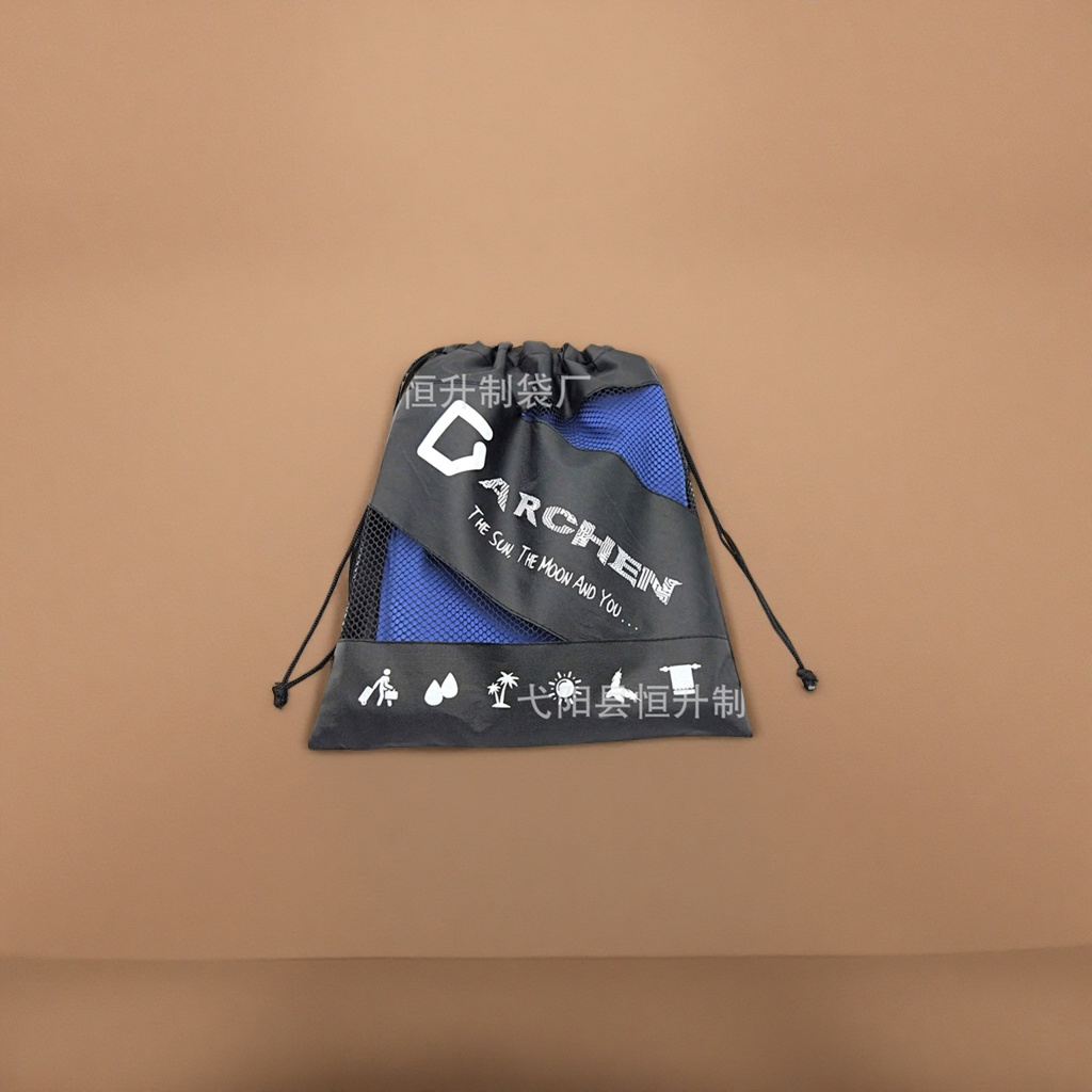 Black drawstring bag, blue mesh spliced and white printed pattern fashionable sports storage bag details Picture