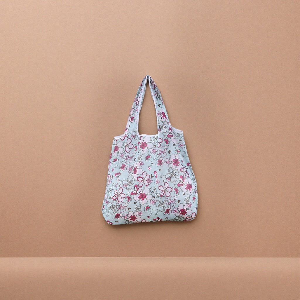Light blue floral patterned foldable shopping bag with large capacity, lightweight and environmentally friendly hand-carry