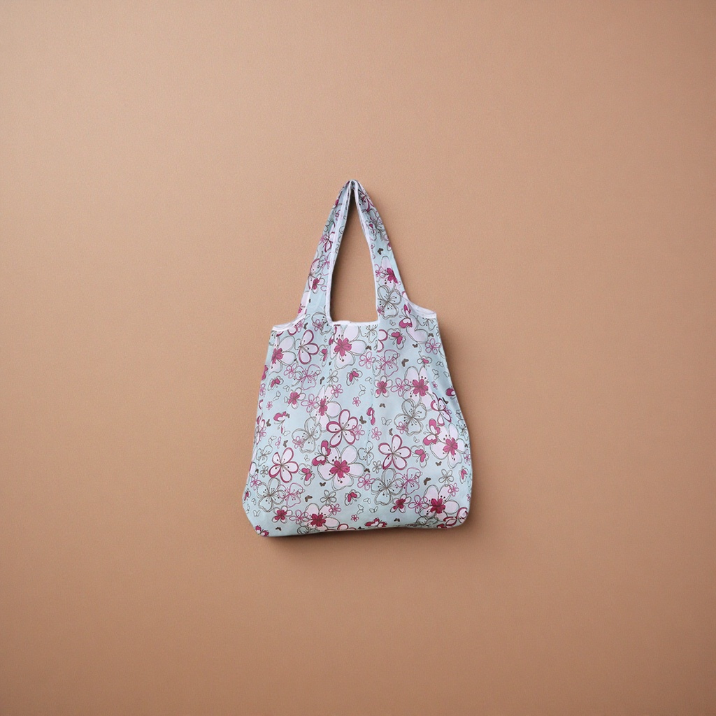 Light blue floral patterned foldable shopping bag with large capacity, lightweight and environmentally friendly hand-carry details Picture