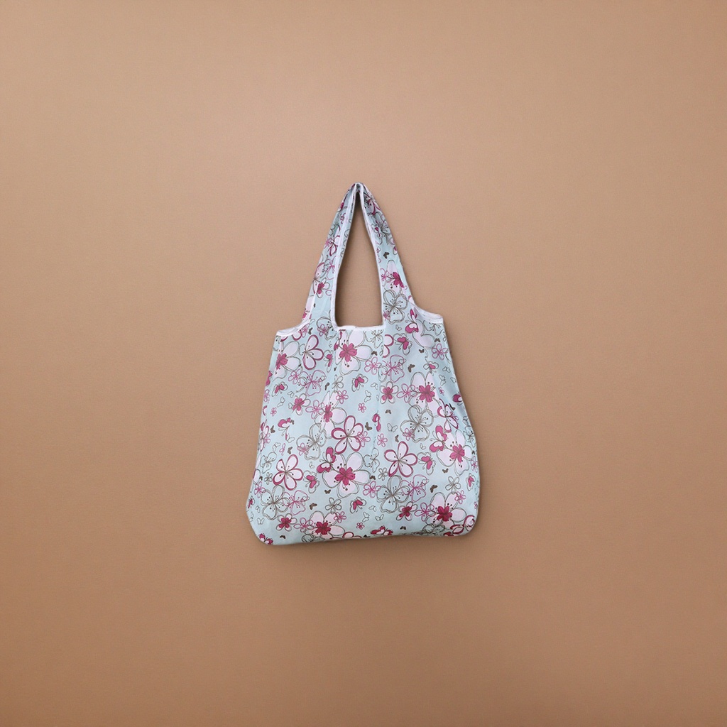 Light blue floral patterned foldable shopping bag with large capacity, lightweight and environmentally friendly hand-carry Specification image