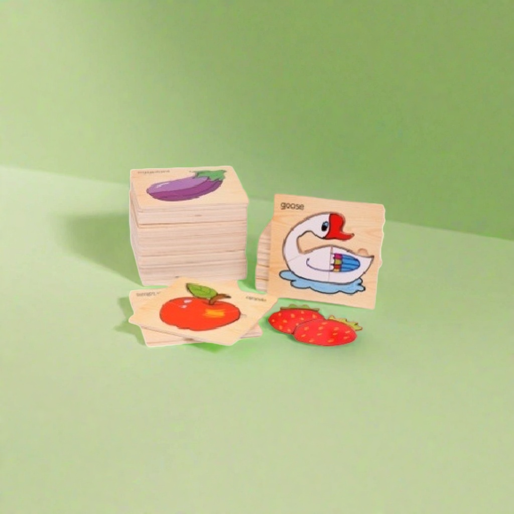 Wooden jigsaw puzzle toys with eggplant, apple, goose and strawberry patterns are educational early childhood toys for children Application Scenario