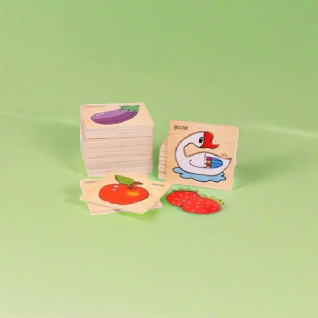 Wooden jigsaw puzzle toys with eggplant, apple, goose and strawberry patterns are educational early childhood toys for children details Picture