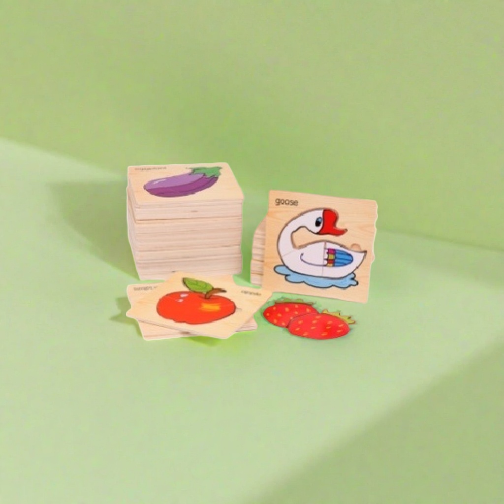 Wooden jigsaw puzzle toys with eggplant, apple, goose and strawberry patterns are educational early childhood toys for children Specification image
