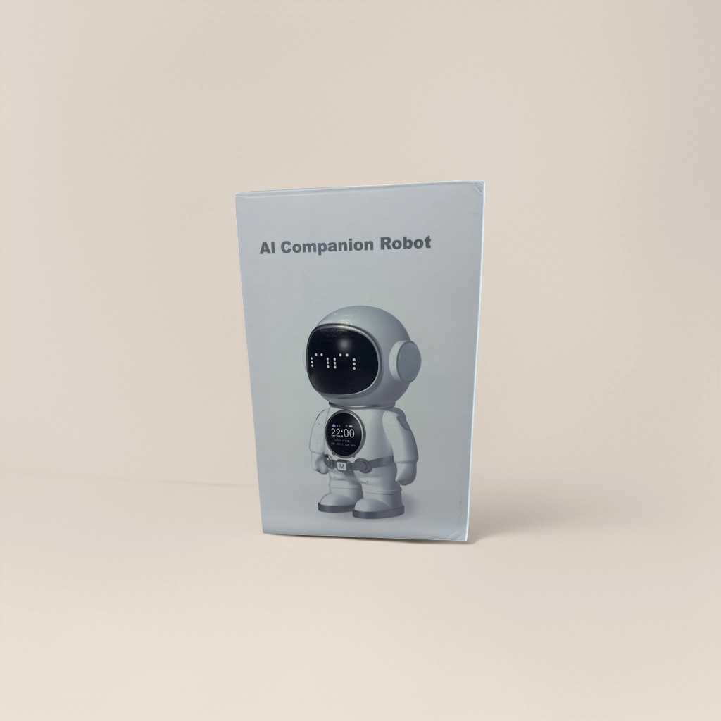 AI companion robot with white packaging box, intelligent voice interaction, home companion robot Application Scenario