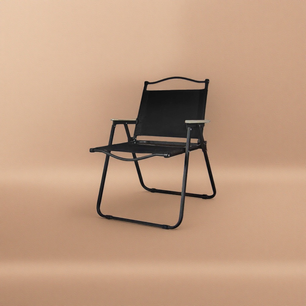 The black folding chair is portable and lightweight for home use. It is a small outdoor camping stool that can be stored