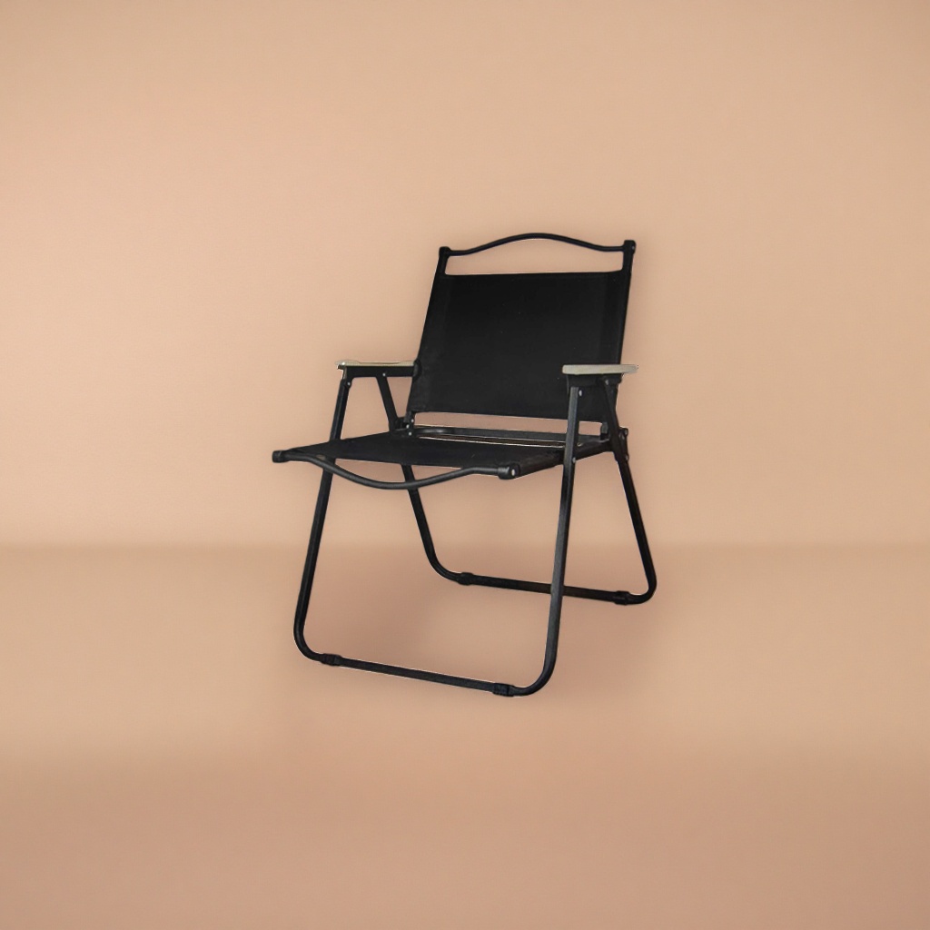 The black folding chair is portable and lightweight for home use. It is a small outdoor camping stool that can be stored details Picture