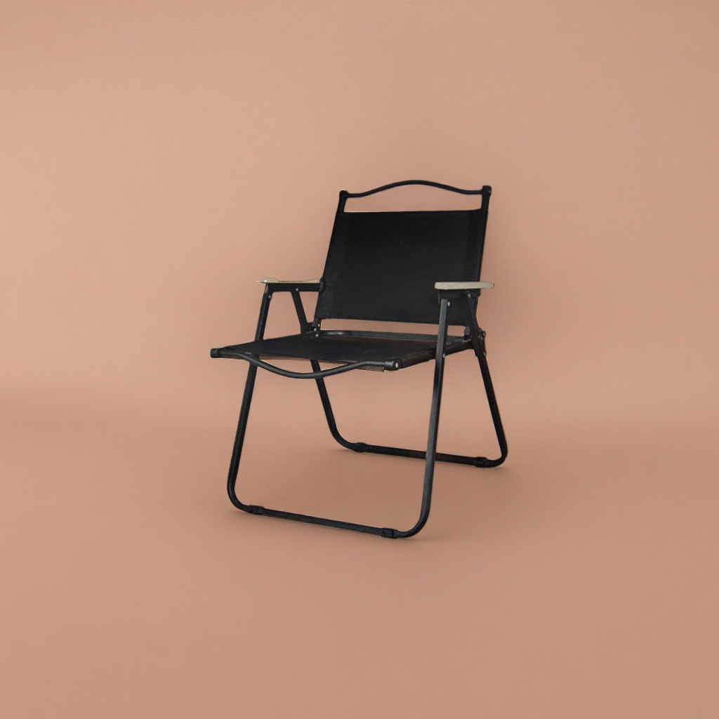 The black folding chair is portable and lightweight for home use. It is a small outdoor camping stool that can be stored Specification image