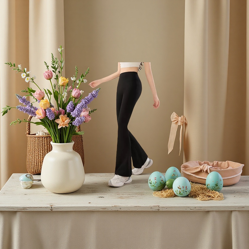 Black flared pants for high-waisted women, slimming and shaping, the same style as models