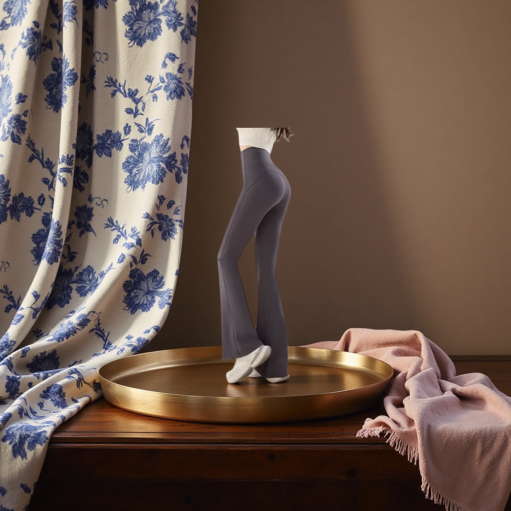 Grey high-waisted flared pants for women are slimming and form-fitting, paired with a white top and sports shoes Application Scenario