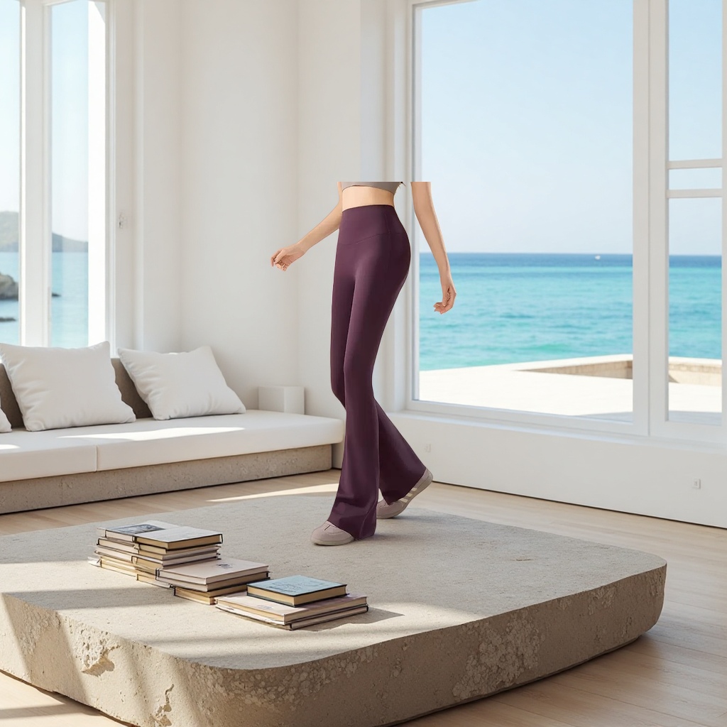 Purple high-waisted flared pants make one look slimmer and flatter the lines of the legs and lower body Specification image