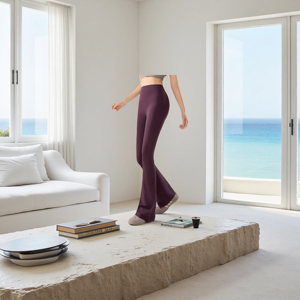 Purple high-waisted flared pants make one look slimmer and flatter the lines of the legs and lower body