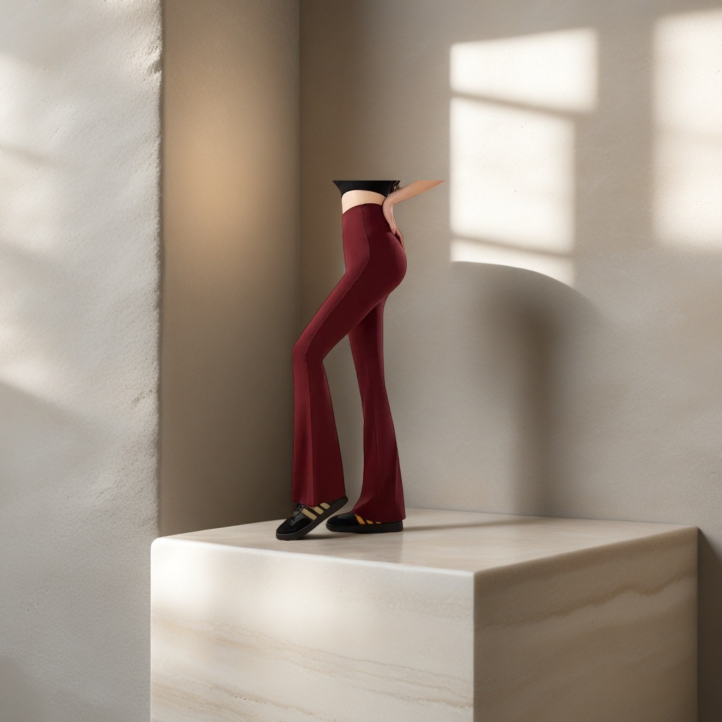 Wine red high-waisted flared pants, the same style as the model for slimming and shaping women