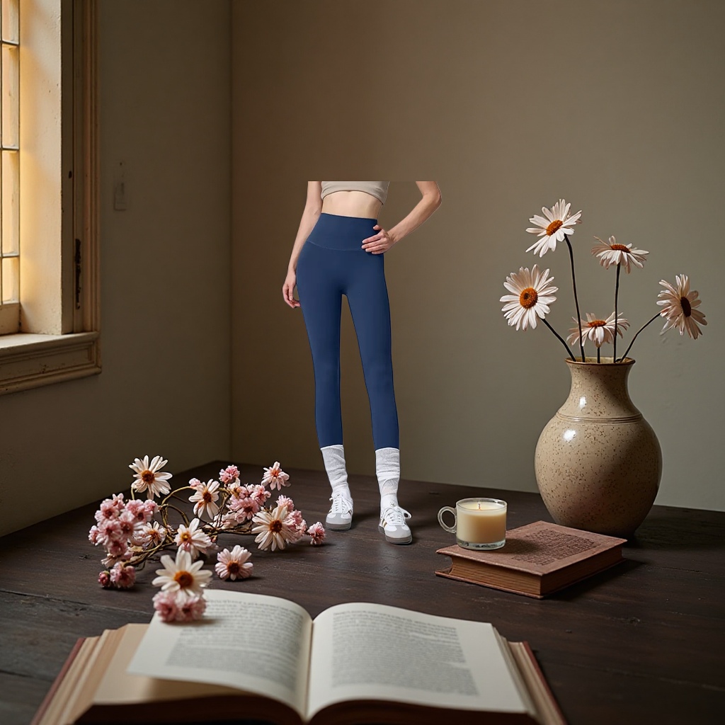 Dark blue high-waisted tight pants for women paired with white long socks and sports shoes make them look slimmer and more form-fitting Specification image