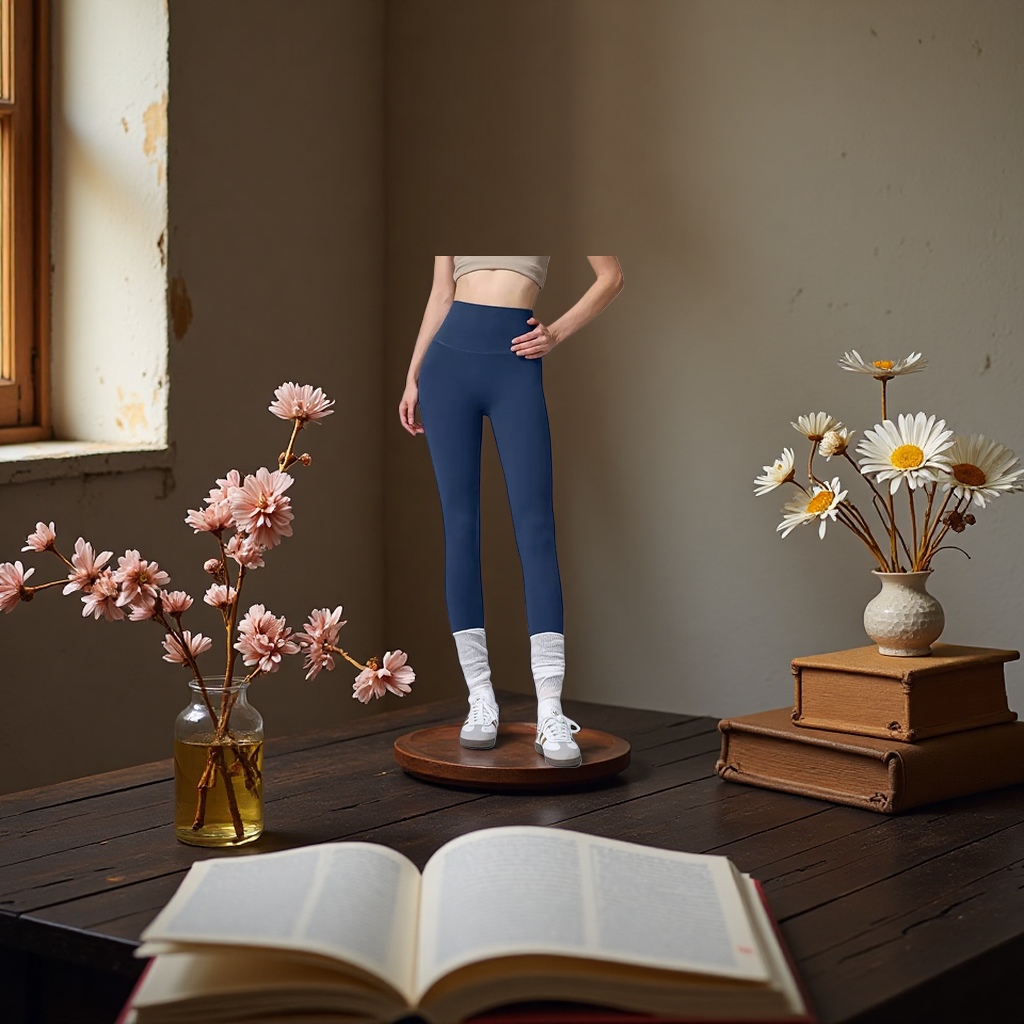 Dark blue high-waisted tight pants for women paired with white long socks and sports shoes make them look slimmer and more form-fitting details Picture