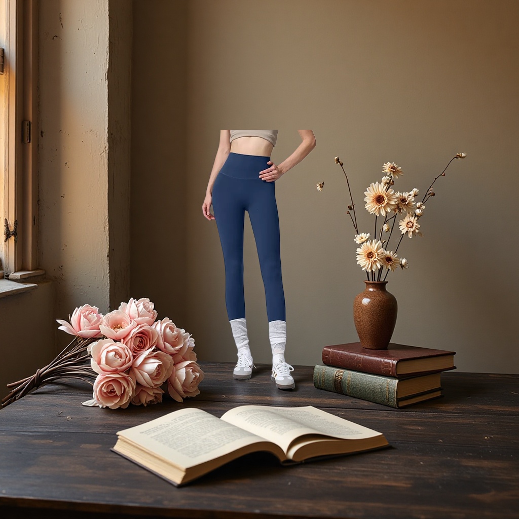 Dark blue high-waisted tight pants for women paired with white long socks and sports shoes make them look slimmer and more form-fitting