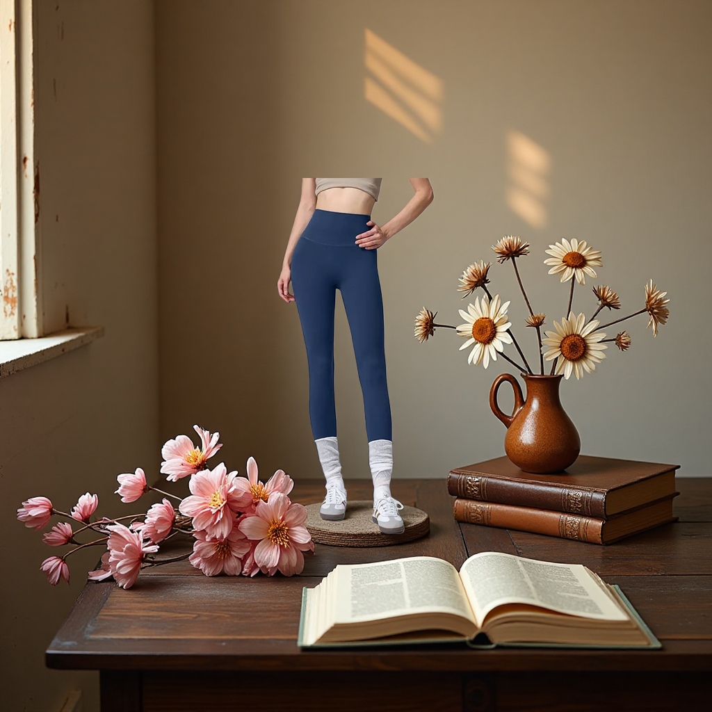 Dark blue high-waisted tight pants for women paired with white long socks and sports shoes make them look slimmer and more form-fitting Application Scenario