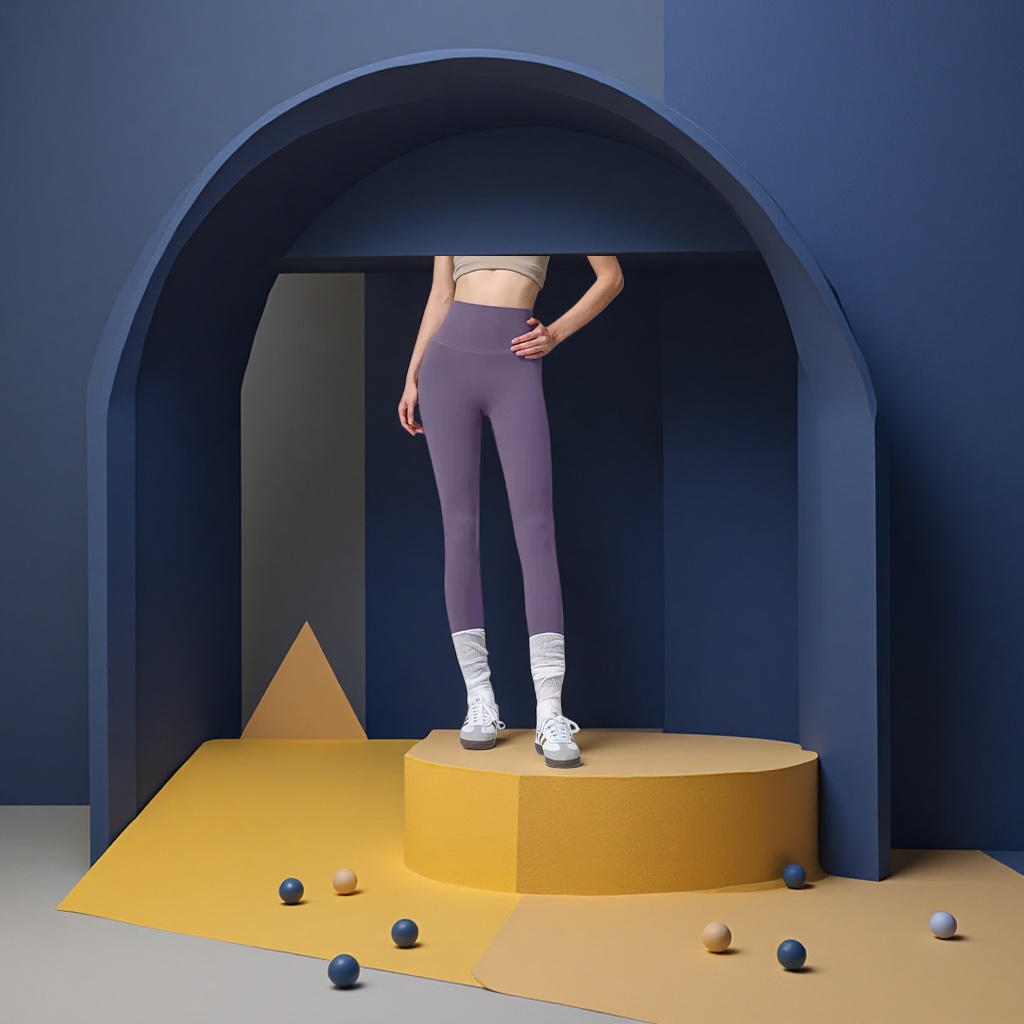Purple high-waisted tight pants for women paired with white long socks and sports shoes make them look slimmer and more form-fitting Specification image