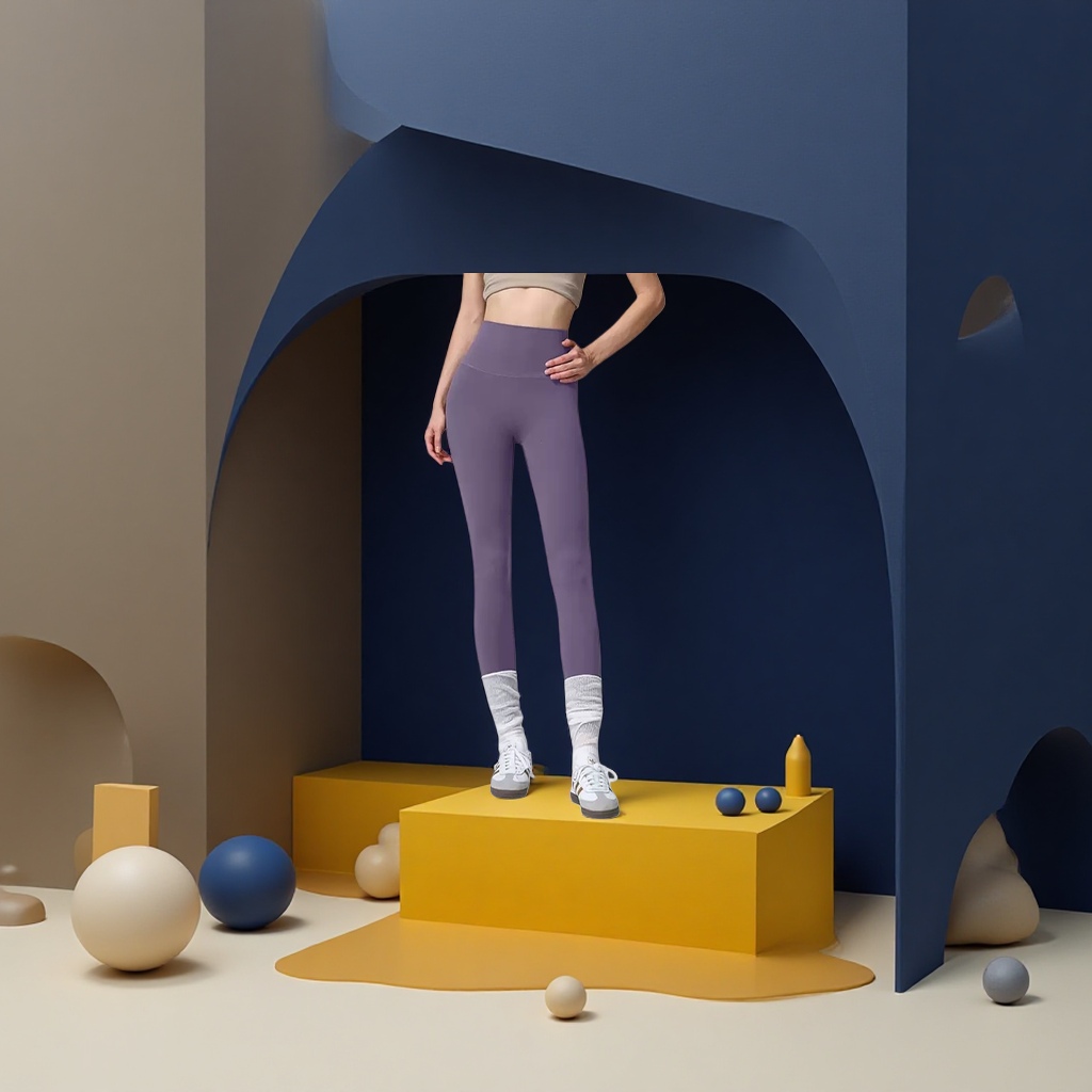 Purple high-waisted tight pants for women paired with white long socks and sports shoes make them look slimmer and more form-fitting Application Scenario