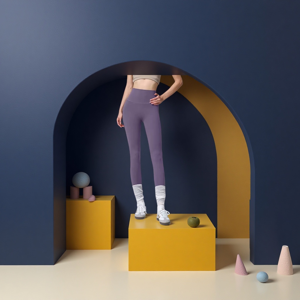 Purple high-waisted tight pants for women paired with white long socks and sports shoes make them look slimmer and more form-fitting