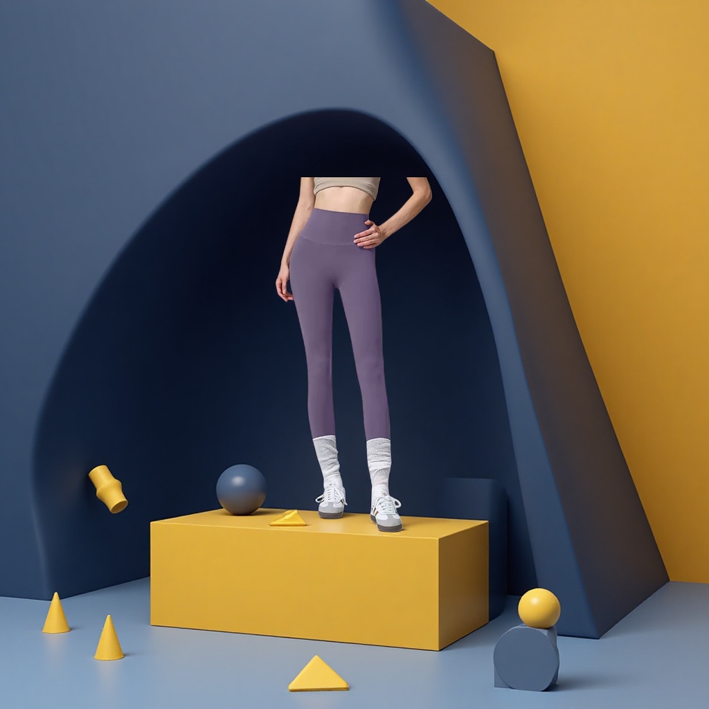 Purple high-waisted tight pants for women paired with white long socks and sports shoes make them look slimmer and more form-fitting details Picture