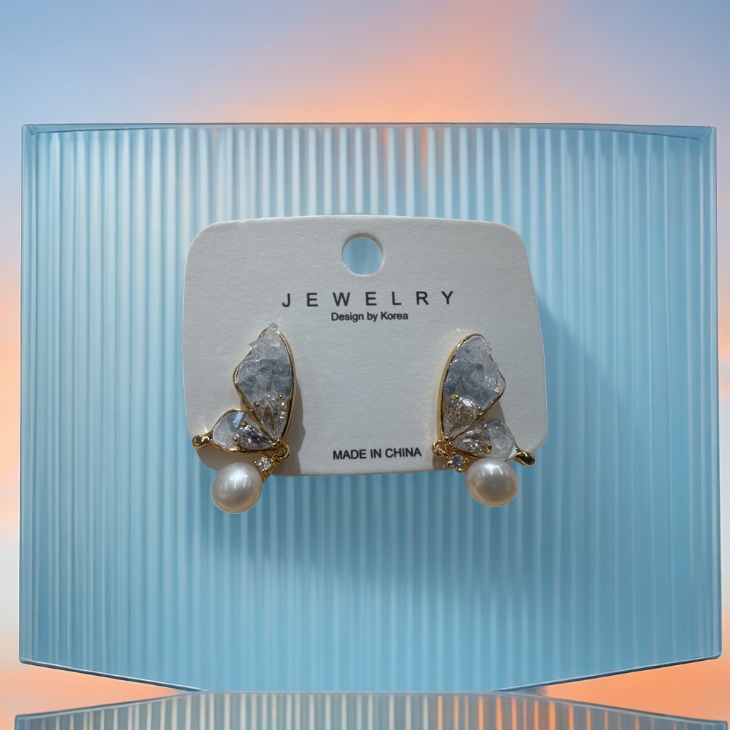 Golden butterfly-shaped stud earrings are inlaid with transparent crystals and pearls and come with white labels Specification image