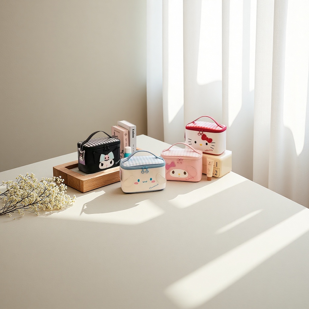 Colorful cartoon box-shaped makeup bag with large capacity for portable travel storage and organization details Picture