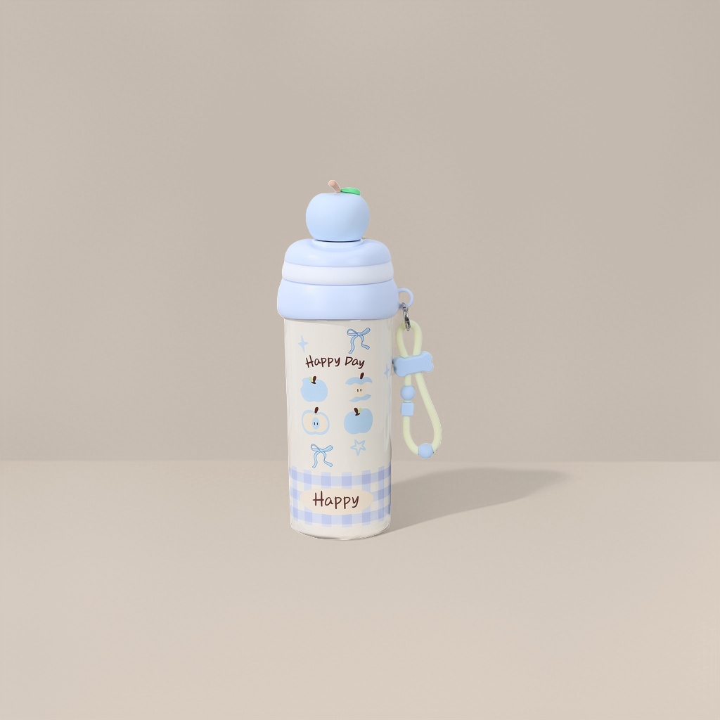 浅蓝色苹果造型创意水杯 便携防漏吸管杯