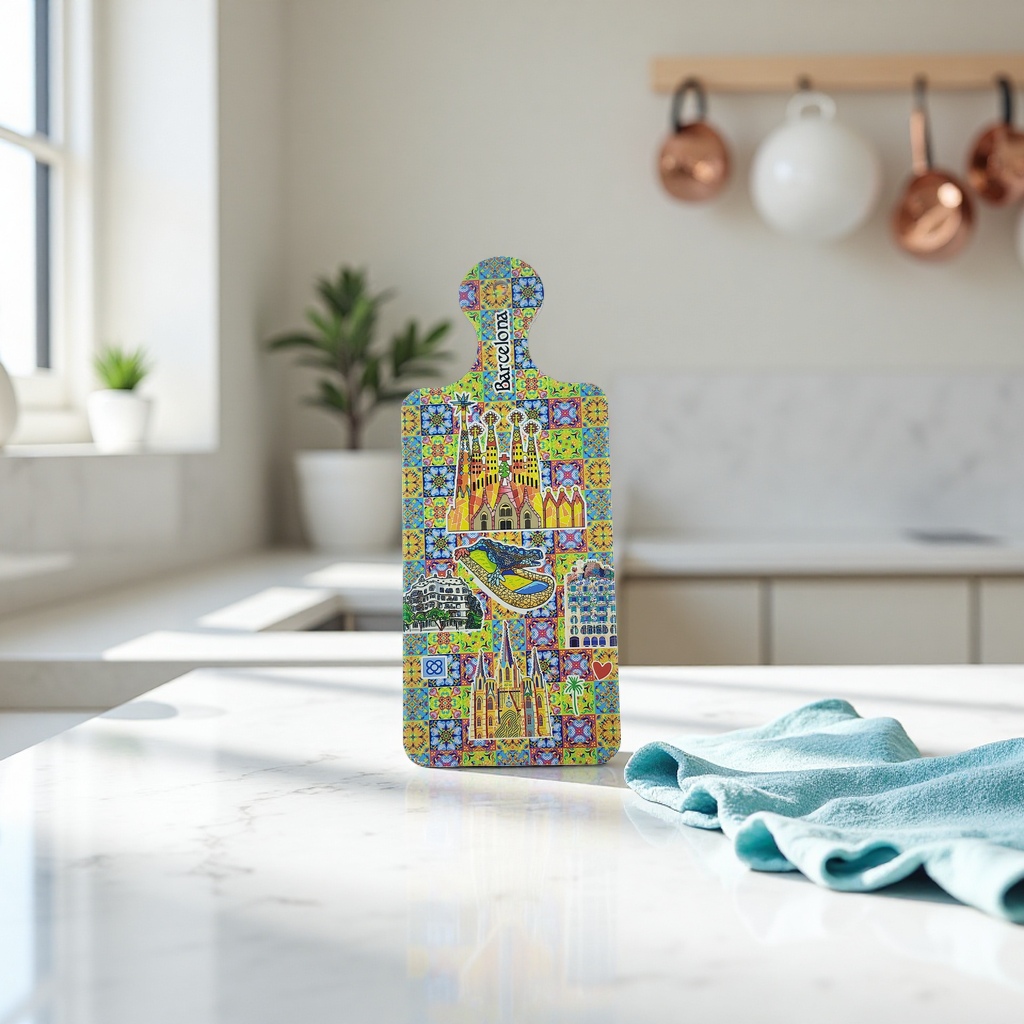 A colorful tile pattern fridge magnet with illustrations of landmark buildings in Barcelona Specification image