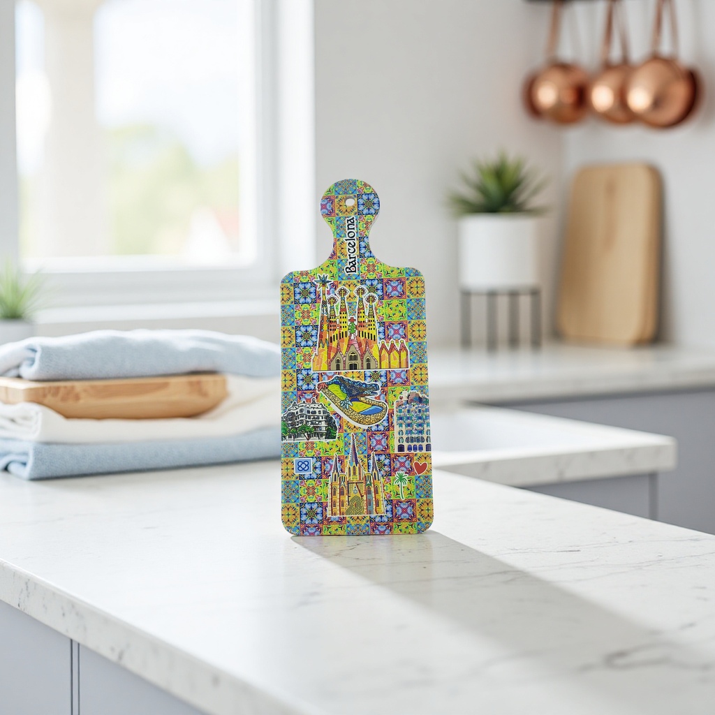 A colorful tile pattern fridge magnet with illustrations of landmark buildings in Barcelona Application Scenario
