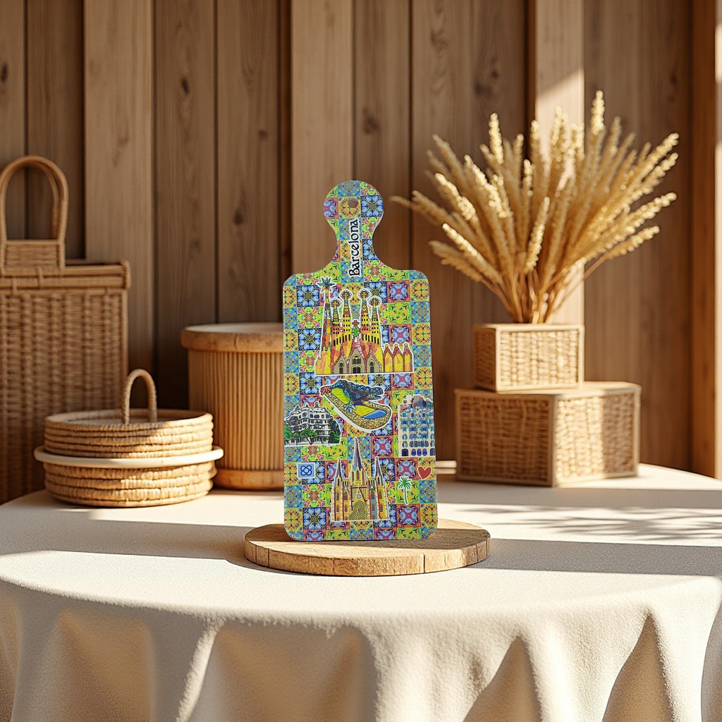 A colorful tile pattern fridge magnet with illustrations of landmark buildings in Barcelona details Picture