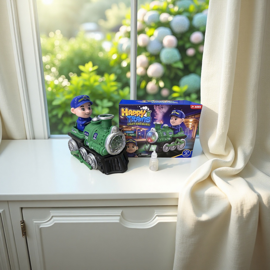 Green toy train locomotive, silver decorative transparent lampshade, blue uniform small figure, with the word "Let's Go" printed on the body, children's toy car electric Application Scenario