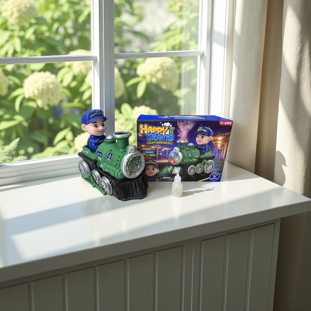 Green toy train locomotive, silver decorative transparent lampshade, blue uniform small figure, with the word "Let's Go" printed on the body, children's toy car electric details Picture