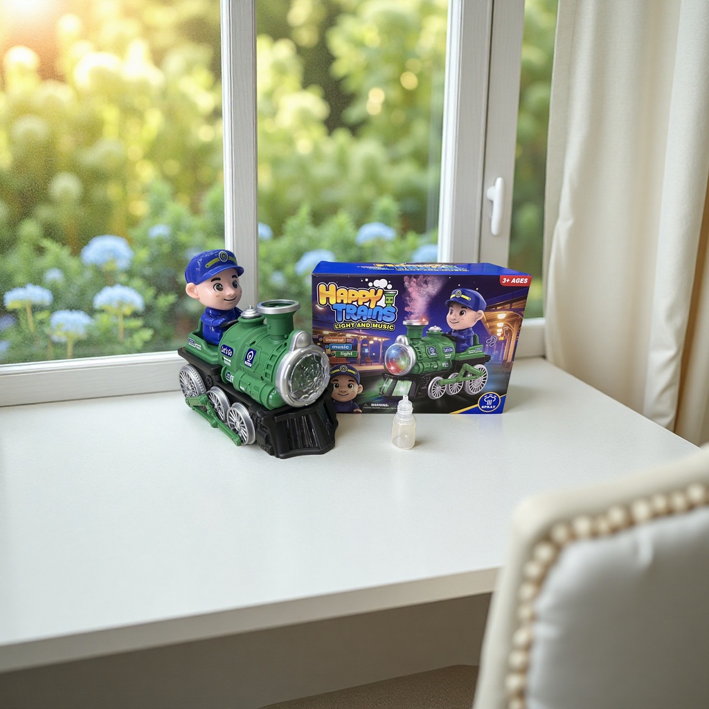 Green toy train locomotive, silver decorative transparent lampshade, blue uniform small figure, with the word "Let's Go" printed on the body, children's toy car electric Specification image