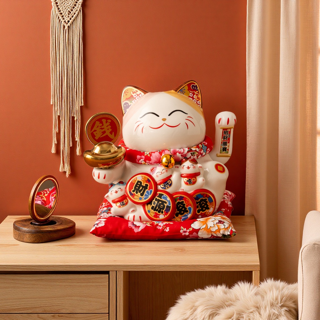 招财猫摆件手工彩绘陶瓷桌面办公风水吉祥物