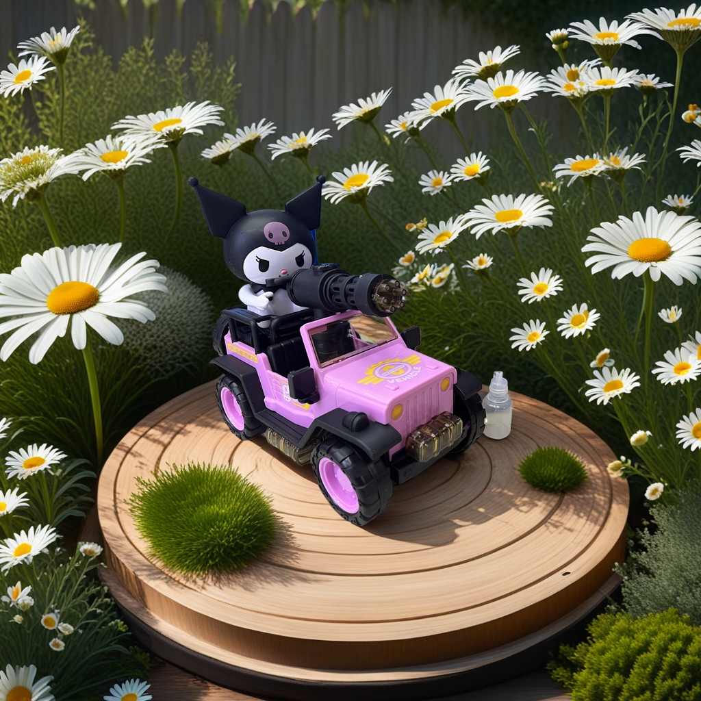 A pink off-road toy car with a Kuromi doll on the roof and a black gun barrel on the front is a children's toy details Picture
