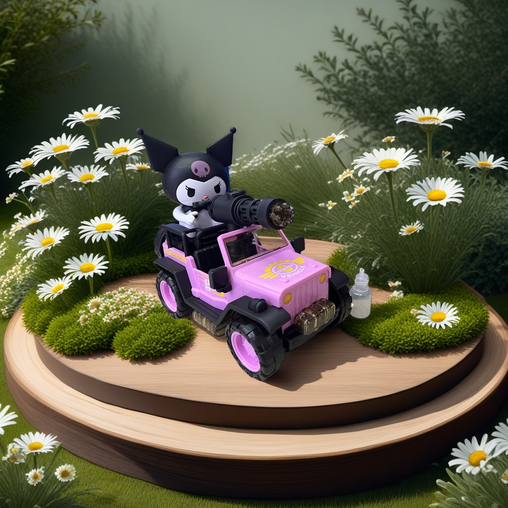 A pink off-road toy car with a Kuromi doll on the roof and a black gun barrel on the front is a children's toy Application Scenario