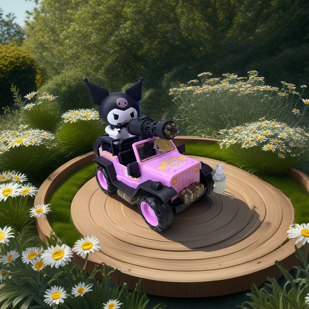 A pink off-road toy car with a Kuromi doll on the roof and a black gun barrel on the front is a children's toy Specification image