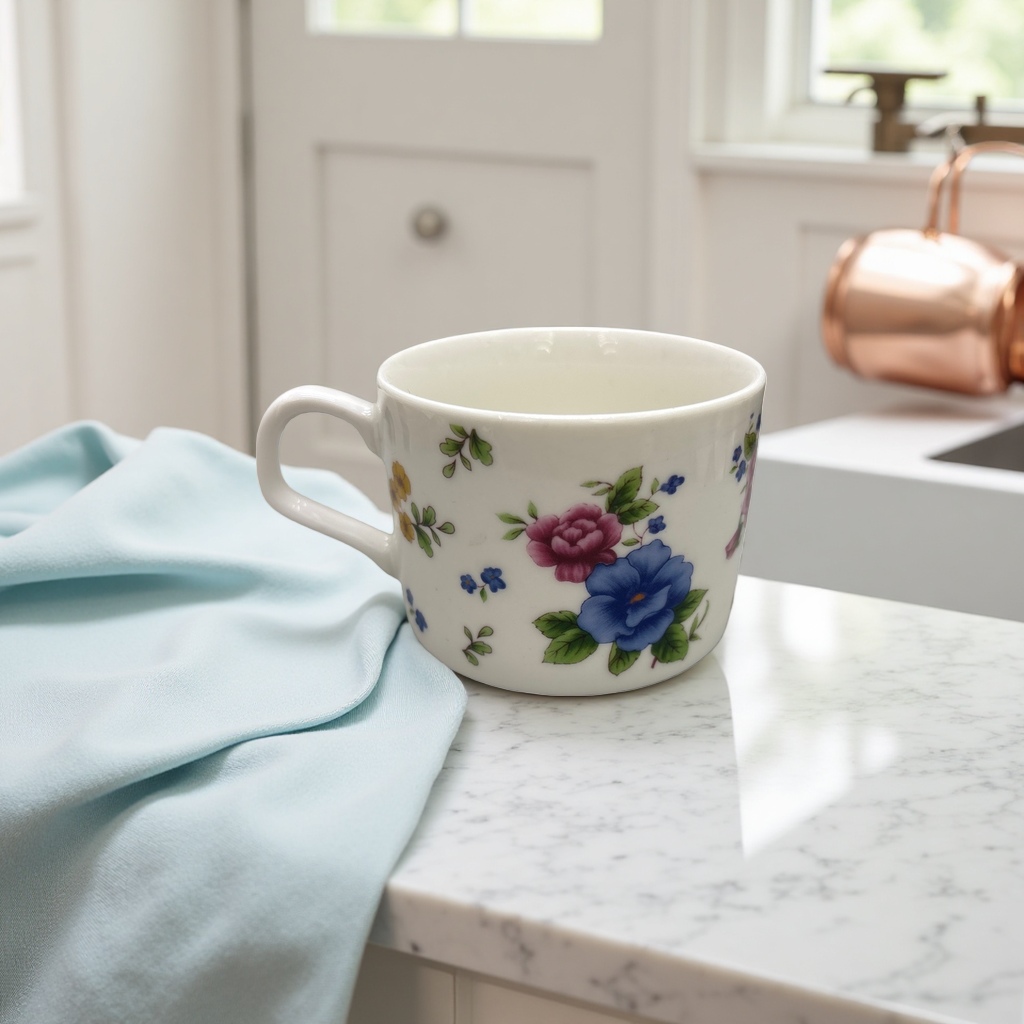 White floral patterned ceramic cups, simple household tea cups, coffee cups and water cups details Picture