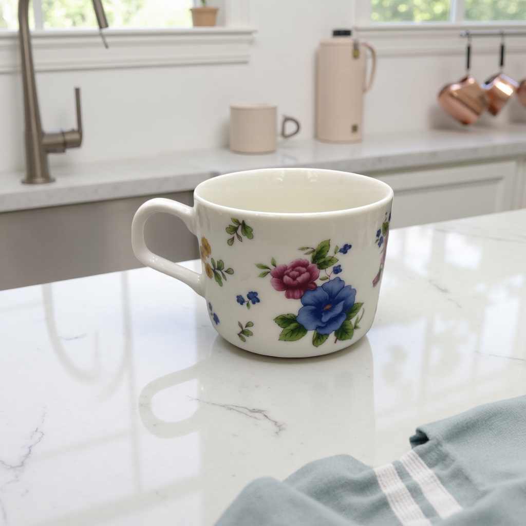 White floral patterned ceramic cups, simple household tea cups, coffee cups and water cups Application Scenario